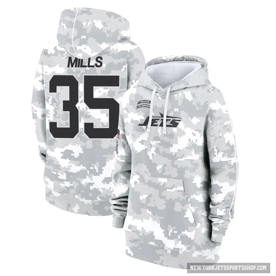 Women's ＃35 Jalen Mills New York Jets Arctic Camo 2024 Salute to Service Club Fleece Pullover Hoodie