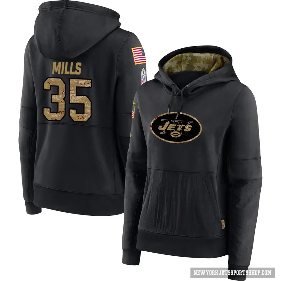 Women's ＃35 Jalen Mills New York Jets Black 2020 Salute to Service Sideline Performance Pullover Hoodie