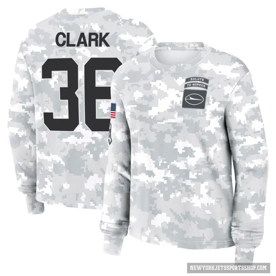 Women's ＃36 Chuck Clark New York Jets Camo Arctic 2024 Salute to Service Long Sleeve T-Shirt