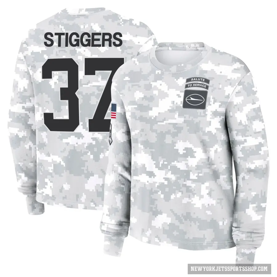 Women's ＃37 Qwan'tez Stiggers New York Jets Camo Arctic 2024 Salute to Service Long Sleeve T-Shirt