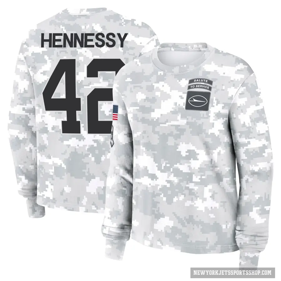 Women's ＃42 Thomas Hennessy New York Jets Camo Arctic 2024 Salute to Service Long Sleeve T-Shirt