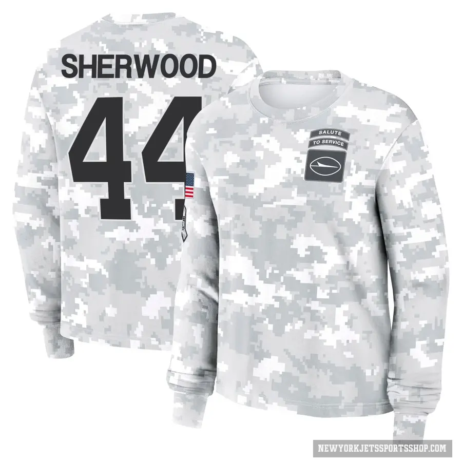 Women's ＃44 Jamien Sherwood New York Jets Camo Arctic 2024 Salute to Service Long Sleeve T-Shirt
