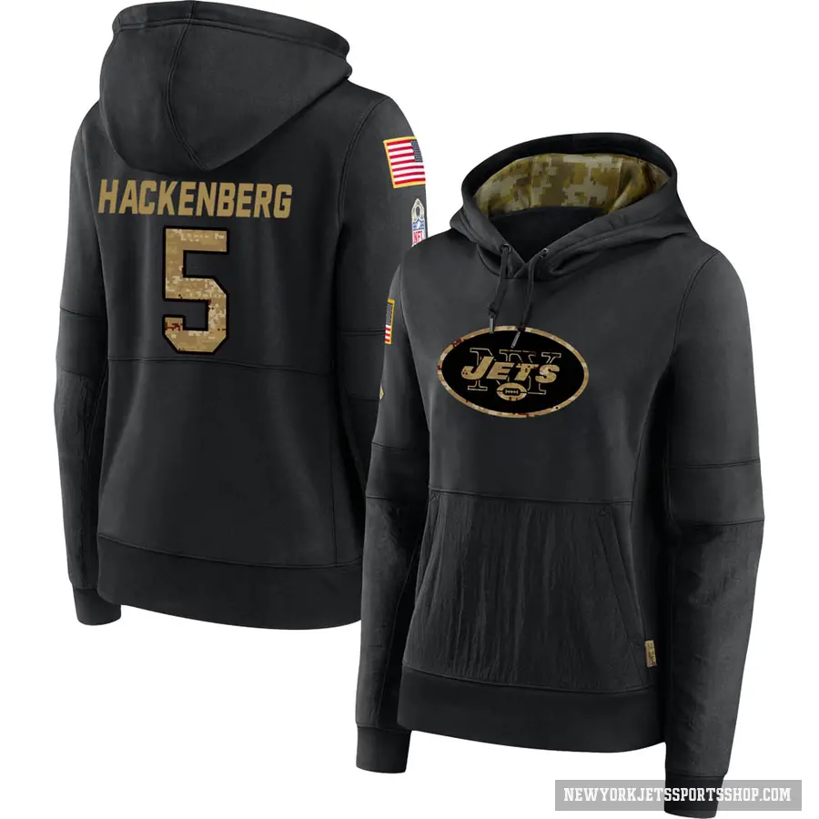 Women's ＃5 Christian Hackenberg New York Jets Black 2020 Salute to Service Sideline Performance Pullover Hoodie