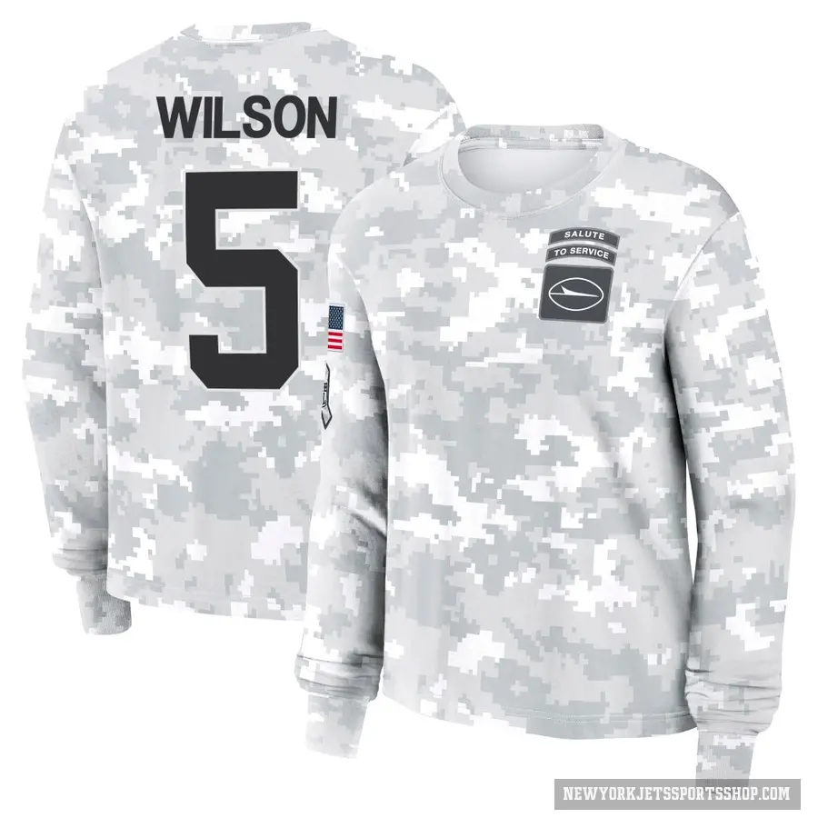 Women's ＃5 Garrett Wilson New York Jets Camo Arctic 2024 Salute to Service Long Sleeve T-Shirt