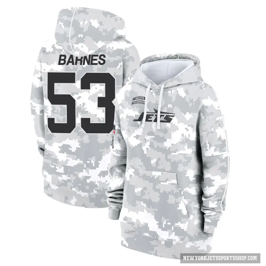 Women's ＃53 Zaire Barnes New York Jets Arctic Camo 2024 Salute to Service Club Fleece Pullover Hoodie