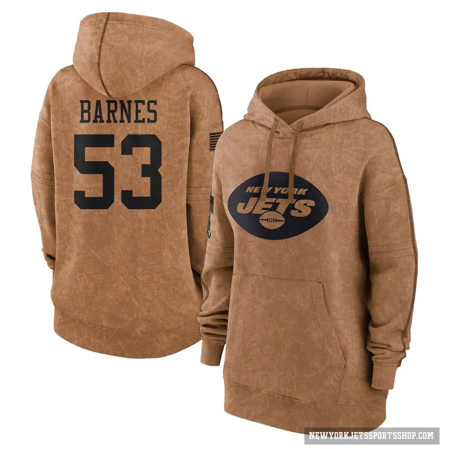 Women's ＃53 Zaire Barnes New York Jets Brown 2023 Salute To Service Pullover Hoodie