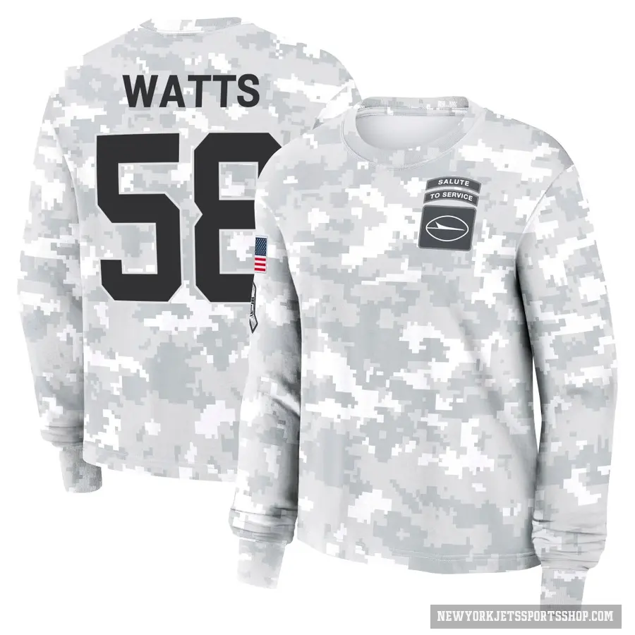 Women's ＃58 Eric Watts New York Jets Camo Arctic 2024 Salute to Service Long Sleeve T-Shirt