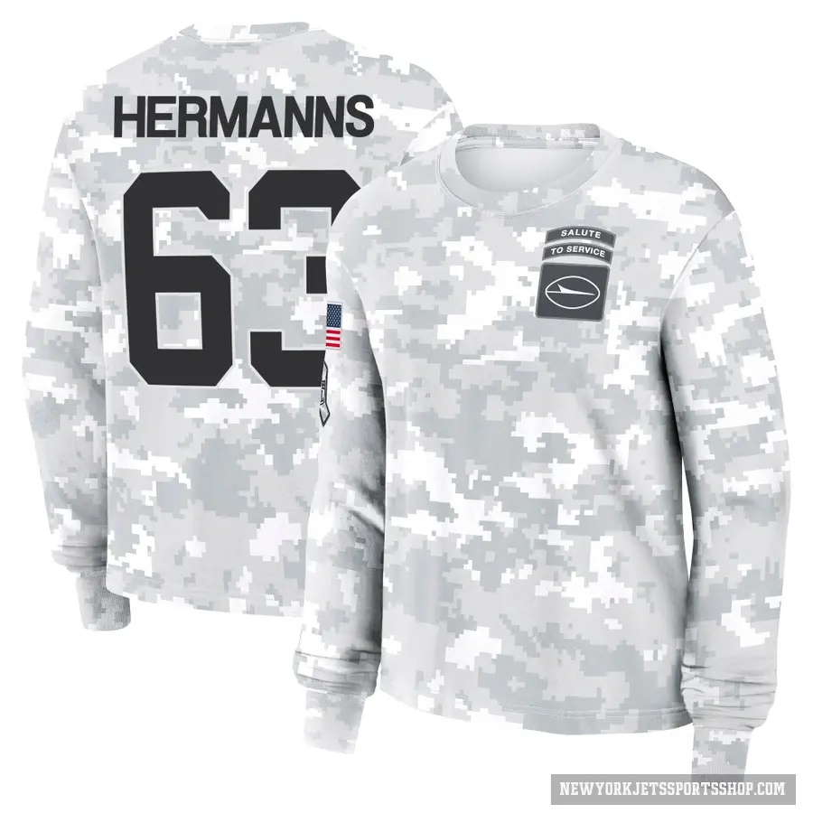 Women's ＃63 Grant Hermanns New York Jets Camo Arctic 2024 Salute to Service Long Sleeve T-Shirt