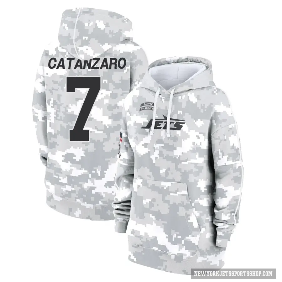 Women's ＃7 Chandler Catanzaro New York Jets Arctic Camo 2024 Salute to Service Club Fleece Pullover Hoodie