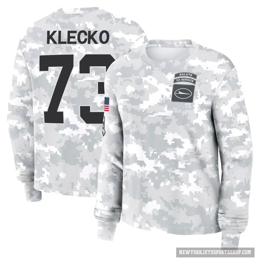 Women's ＃73 Joe Klecko New York Jets Camo Arctic 2024 Salute to Service Long Sleeve T-Shirt