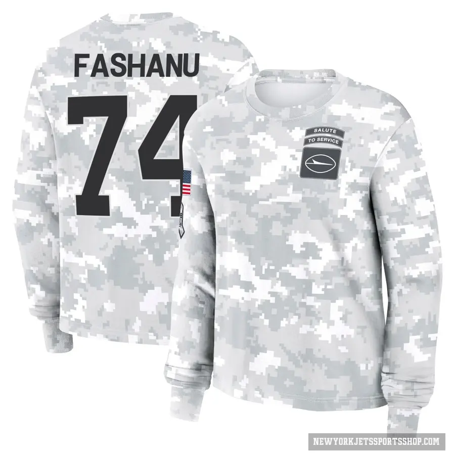 Women's ＃74 Olu Fashanu New York Jets Camo Arctic 2024 Salute to Service Long Sleeve T-Shirt