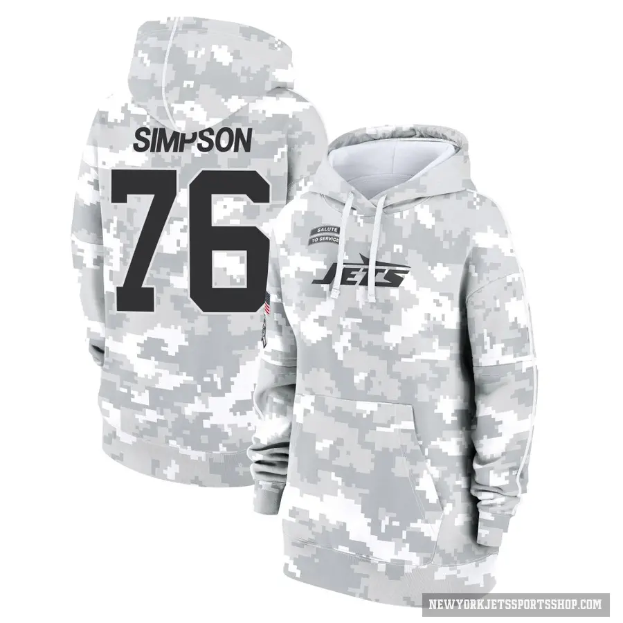 Women's ＃76 John Simpson New York Jets Arctic Camo 2024 Salute to Service Club Fleece Pullover Hoodie