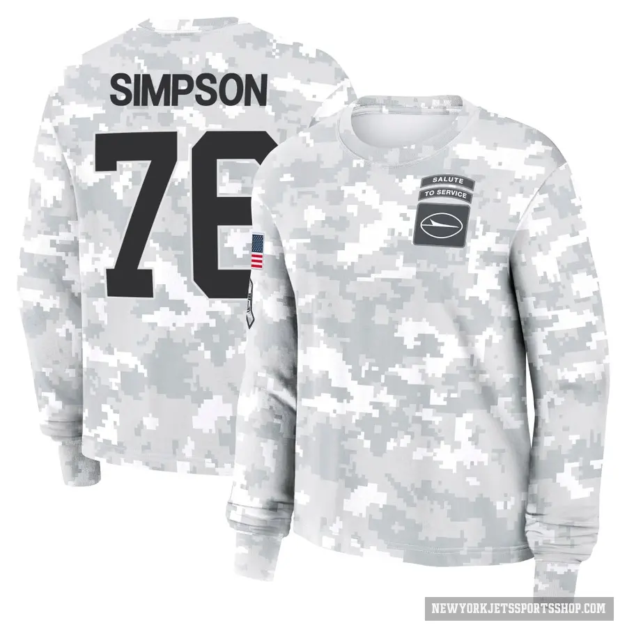 Women's ＃76 John Simpson New York Jets Camo Arctic 2024 Salute to Service Long Sleeve T-Shirt