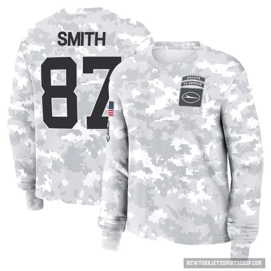 Women's ＃87 Brandon Smith New York Jets Camo Arctic 2024 Salute to Service Long Sleeve T-Shirt
