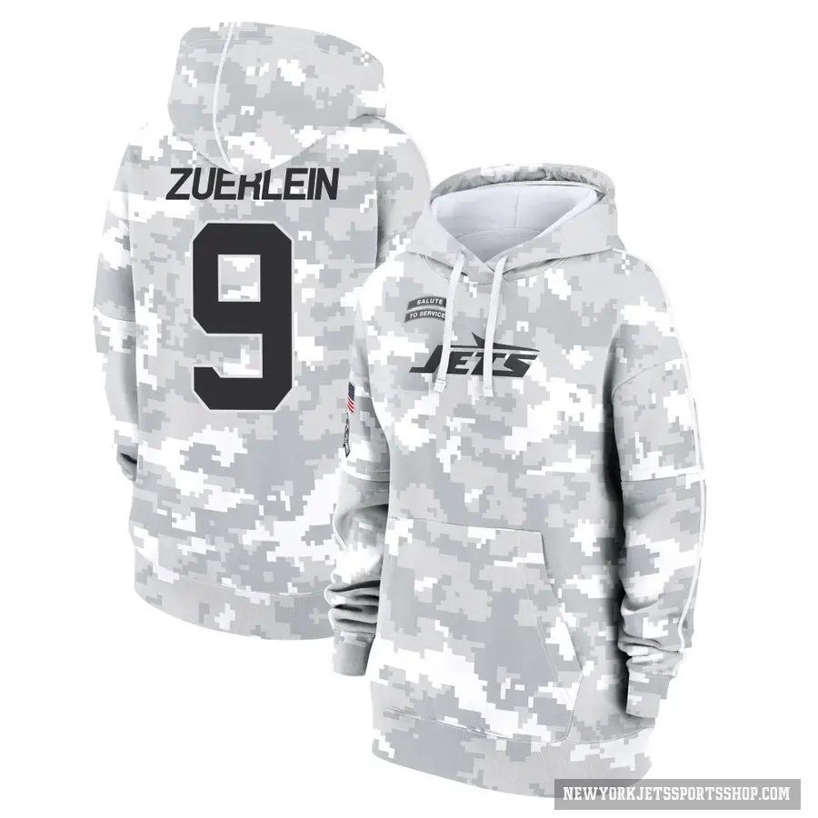 Women's ＃9 Greg Zuerlein New York Jets Arctic Camo 2024 Salute to Service Club Fleece Pullover Hoodie