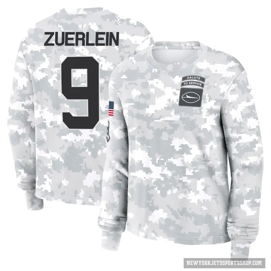 Women's ＃9 Greg Zuerlein New York Jets Camo Arctic 2024 Salute to Service Long Sleeve T-Shirt