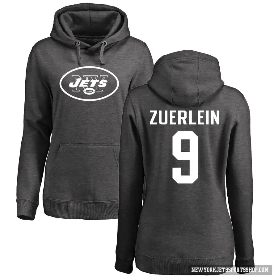 Women's ＃9 Greg Zuerlein New York Jets Pro Line by Branded Ash One Color Pullover Hoodie