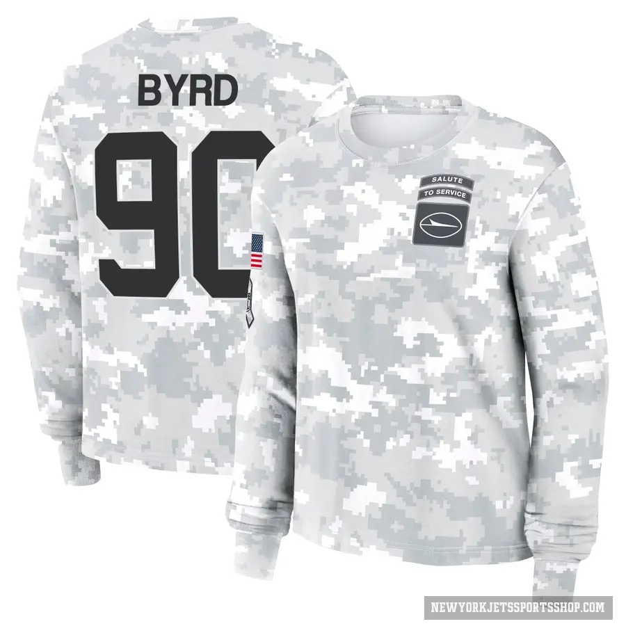 Women's ＃90 Dennis Byrd New York Jets Camo Arctic 2024 Salute to Service Long Sleeve T-Shirt