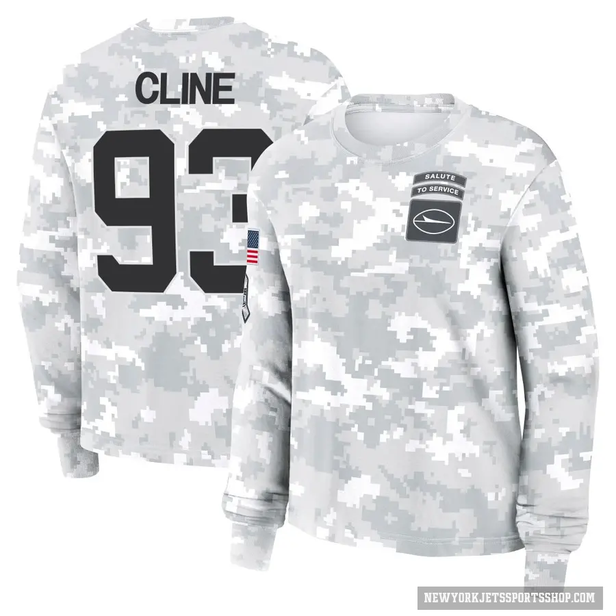 Women's ＃93 Kameron Cline New York Jets Camo Arctic 2024 Salute to Service Long Sleeve T-Shirt