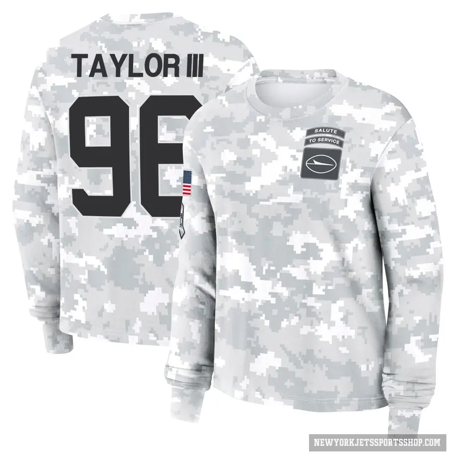 Women's ＃96 Leonard Taylor III New York Jets Camo Arctic 2024 Salute to Service Long Sleeve T-Shirt