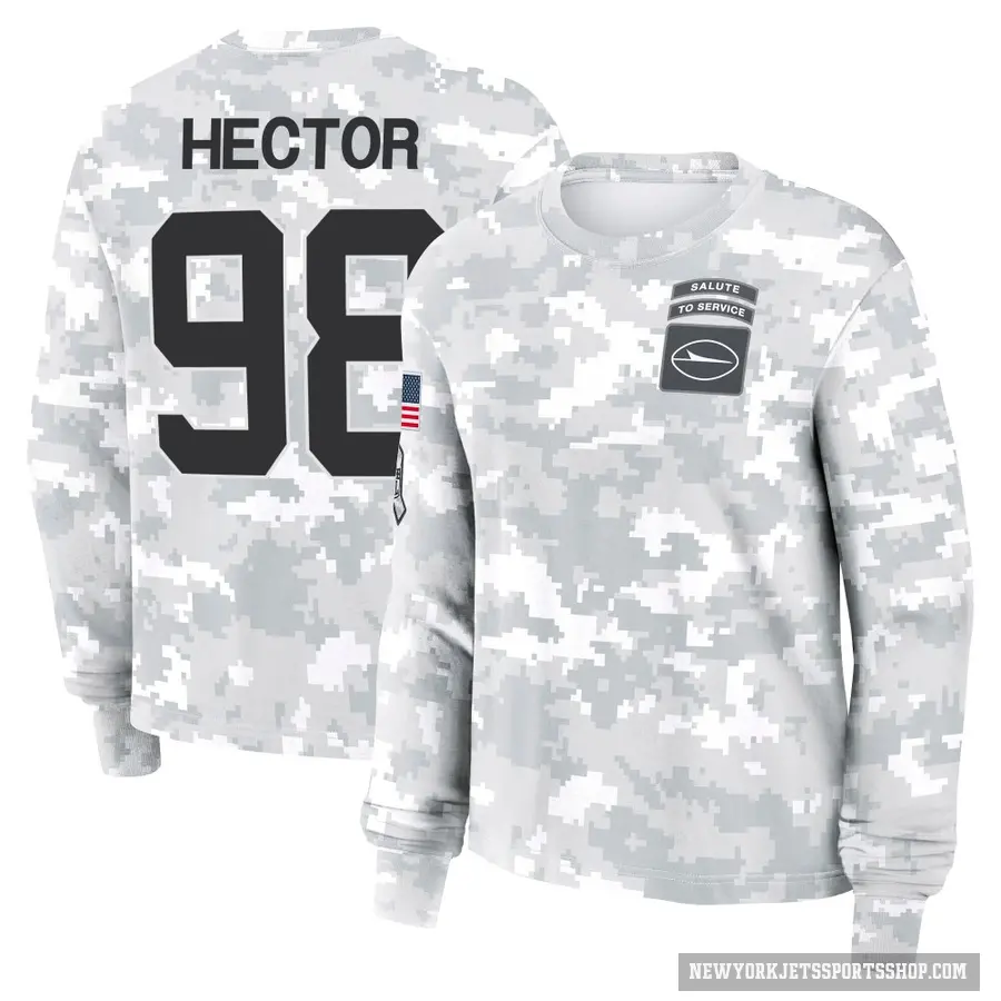 Women's ＃98 Bruce Hector New York Jets Camo Arctic 2024 Salute to Service Long Sleeve T-Shirt