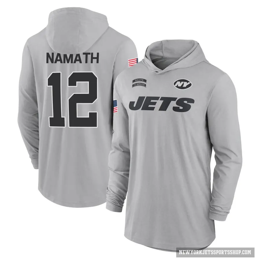 Youth ＃12 Joe Namath New York Jets Gray 2024 Salute to Service Lightweight Performance Long Sleeve Hooded T-Shirt