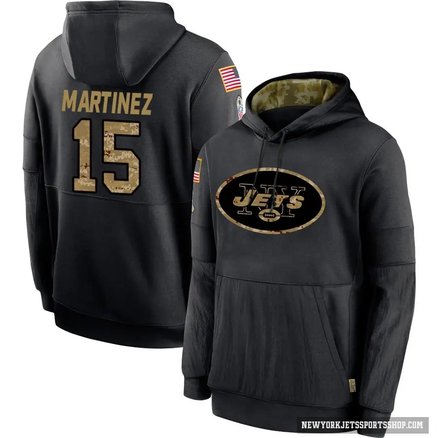 Youth ＃15 Adrian Martinez New York Jets Black 2020 Salute to Service Sideline Performance Pullover Hoodie