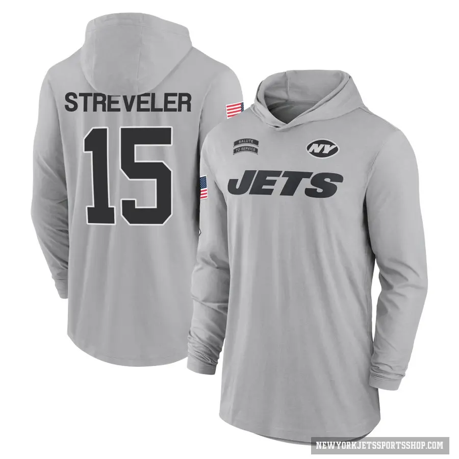 Youth ＃15 Chris Streveler New York Jets Gray 2024 Salute to Service Lightweight Performance Long Sleeve Hooded T-Shirt