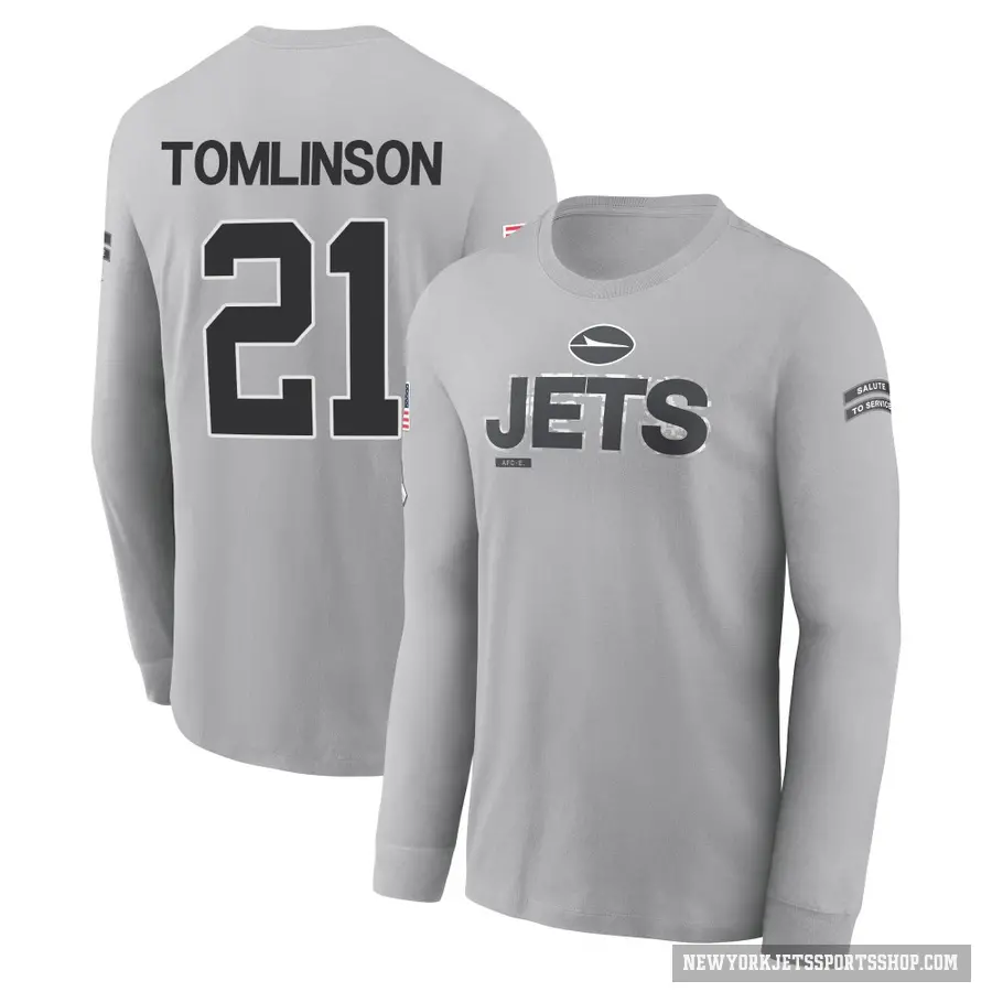 Youth ＃21 LaDainian Tomlinson New York Jets Gray 2024 Salute to Service Long Sleeve T-Shirt