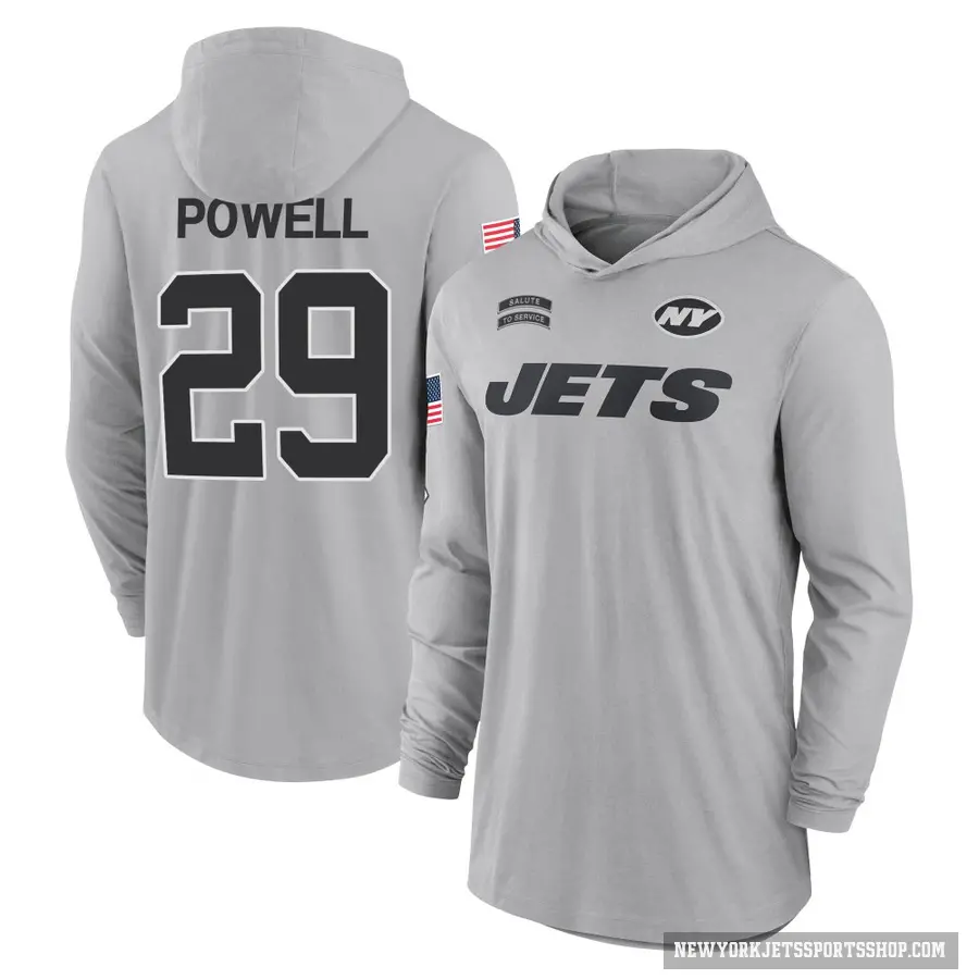 Youth ＃29 Bilal Powell New York Jets Gray 2024 Salute to Service Lightweight Performance Long Sleeve Hooded T-Shirt