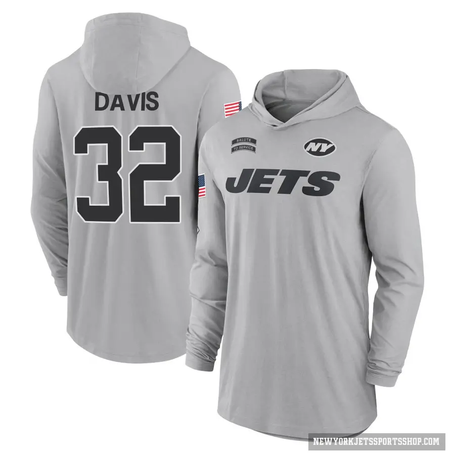 Youth ＃32 Isaiah Davis New York Jets Gray 2024 Salute to Service Lightweight Performance Long Sleeve Hooded T-Shirt