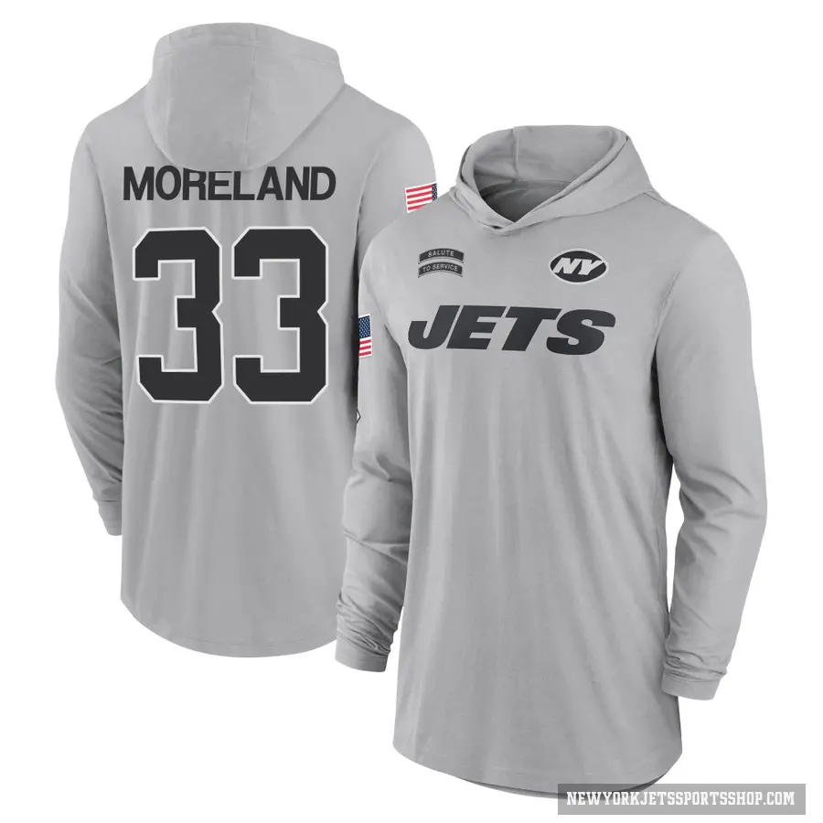 Youth ＃33 Jimmy Moreland New York Jets Gray 2024 Salute to Service Lightweight Performance Long Sleeve Hooded T-Shirt