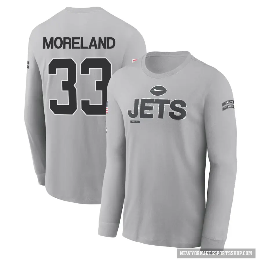Youth ＃33 Jimmy Moreland New York Jets Gray 2024 Salute to Service Long Sleeve T-Shirt
