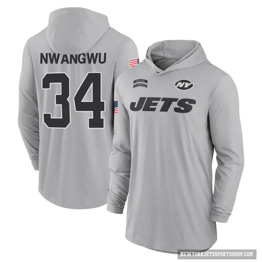 Youth ＃34 Kene Nwangwu New York Jets Gray 2024 Salute to Service Lightweight Performance Long Sleeve Hooded T-Shirt