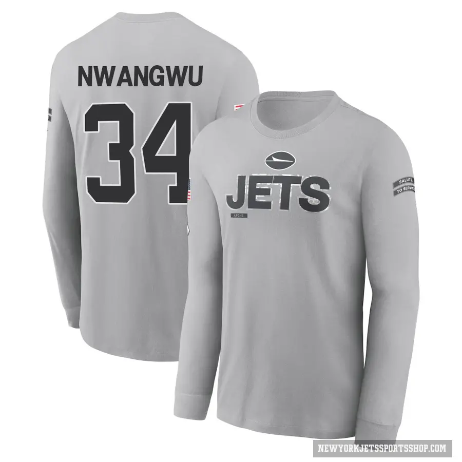 Youth ＃34 Kene Nwangwu New York Jets Gray 2024 Salute to Service Long Sleeve T-Shirt