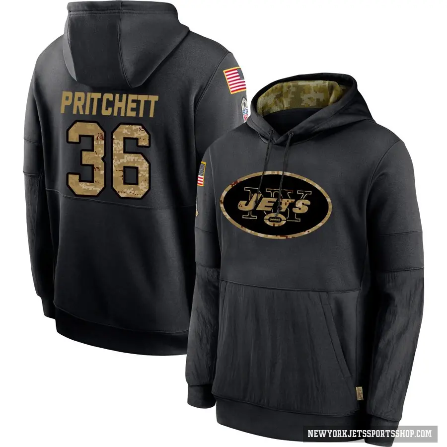 Youth ＃36 Jamaal Pritchett New York Jets Black 2020 Salute to Service Sideline Performance Pullover Hoodie