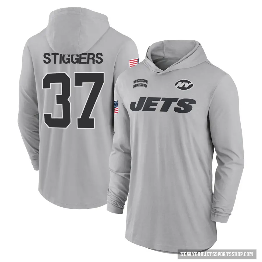 Youth ＃37 Qwan'tez Stiggers New York Jets Gray 2024 Salute to Service Lightweight Performance Long Sleeve Hooded T-Shirt