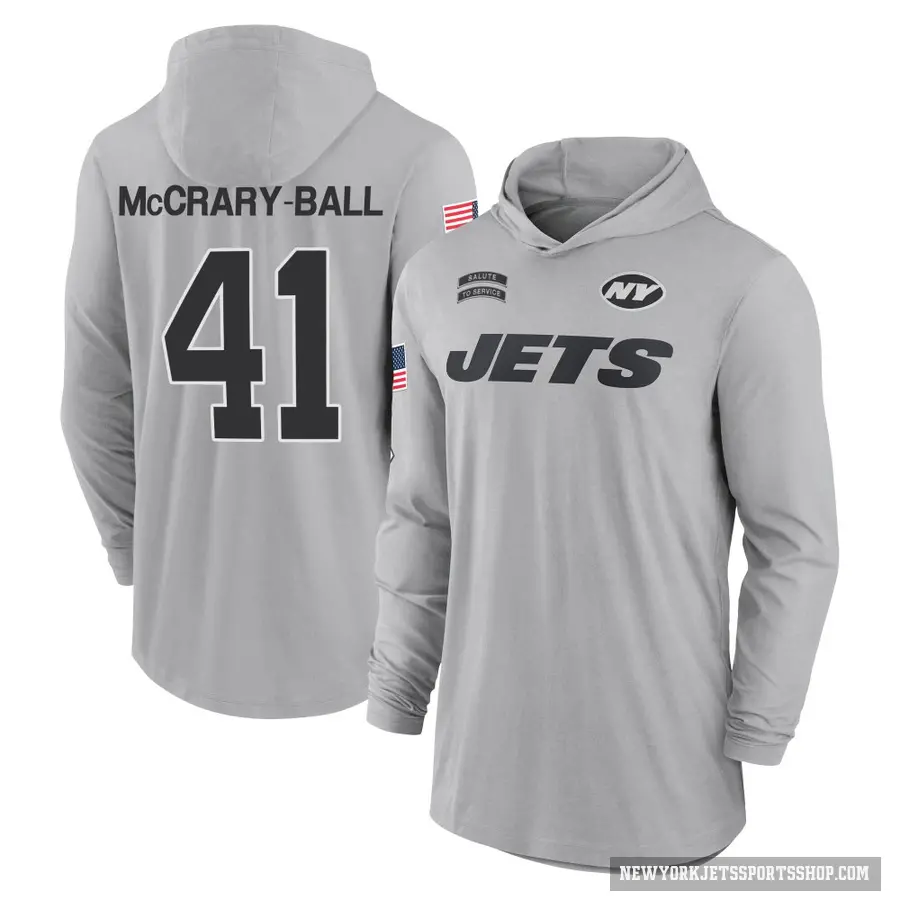 Youth ＃41 Marcelino McCrary-Ball New York Jets Gray 2024 Salute to Service Lightweight Performance Long Sleeve Hooded T-Shirt