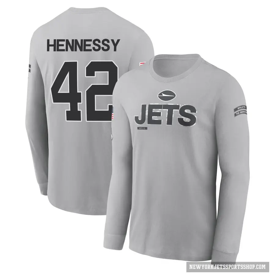 Youth ＃42 Thomas Hennessy New York Jets Gray 2024 Salute to Service Long Sleeve T-Shirt
