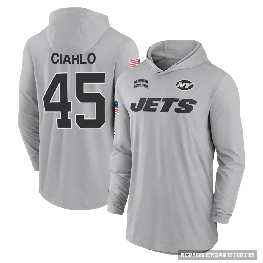 Youth ＃45 Jimmy Ciarlo New York Jets Gray 2024 Salute to Service Lightweight Performance Long Sleeve Hooded T-Shirt