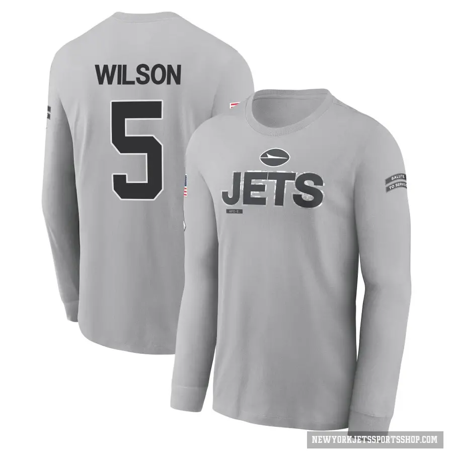 Youth ＃5 Garrett Wilson New York Jets Gray 2024 Salute to Service Long Sleeve T-Shirt