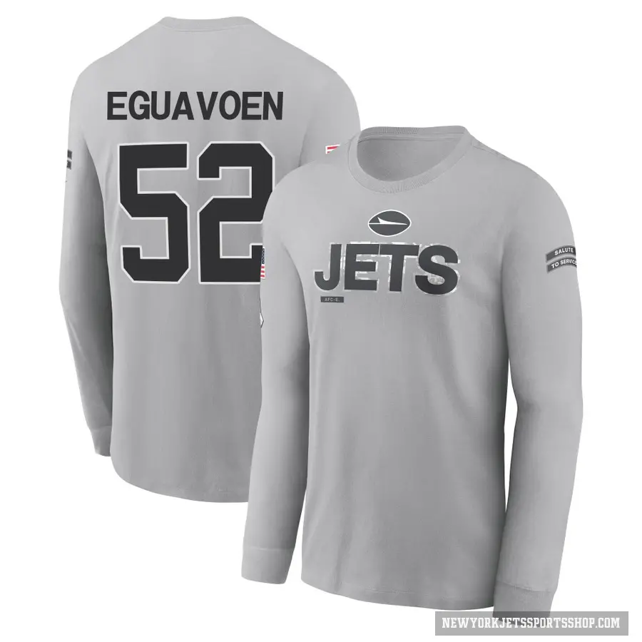 Youth ＃52 Sam Eguavoen New York Jets Gray 2024 Salute to Service Long Sleeve T-Shirt