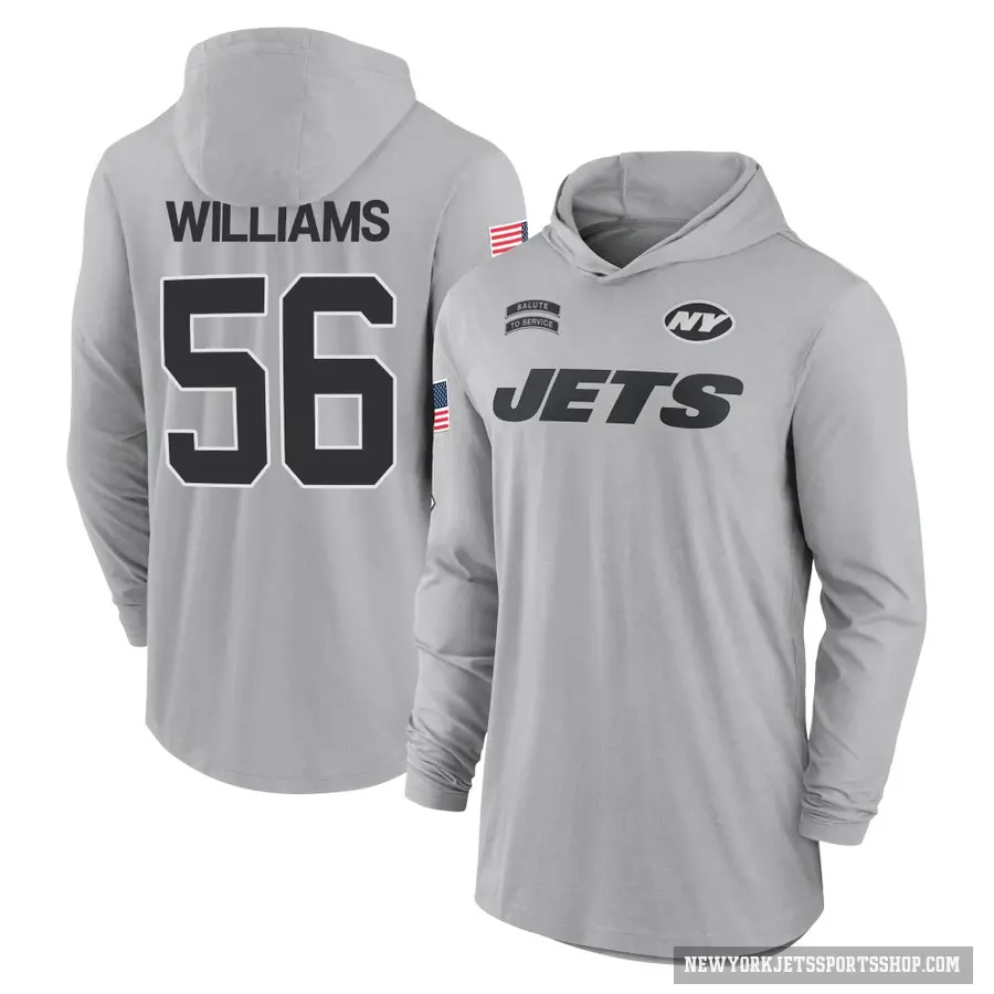 Youth ＃56 Quincy Williams New York Jets Gray 2024 Salute to Service Lightweight Performance Long Sleeve Hooded T-Shirt