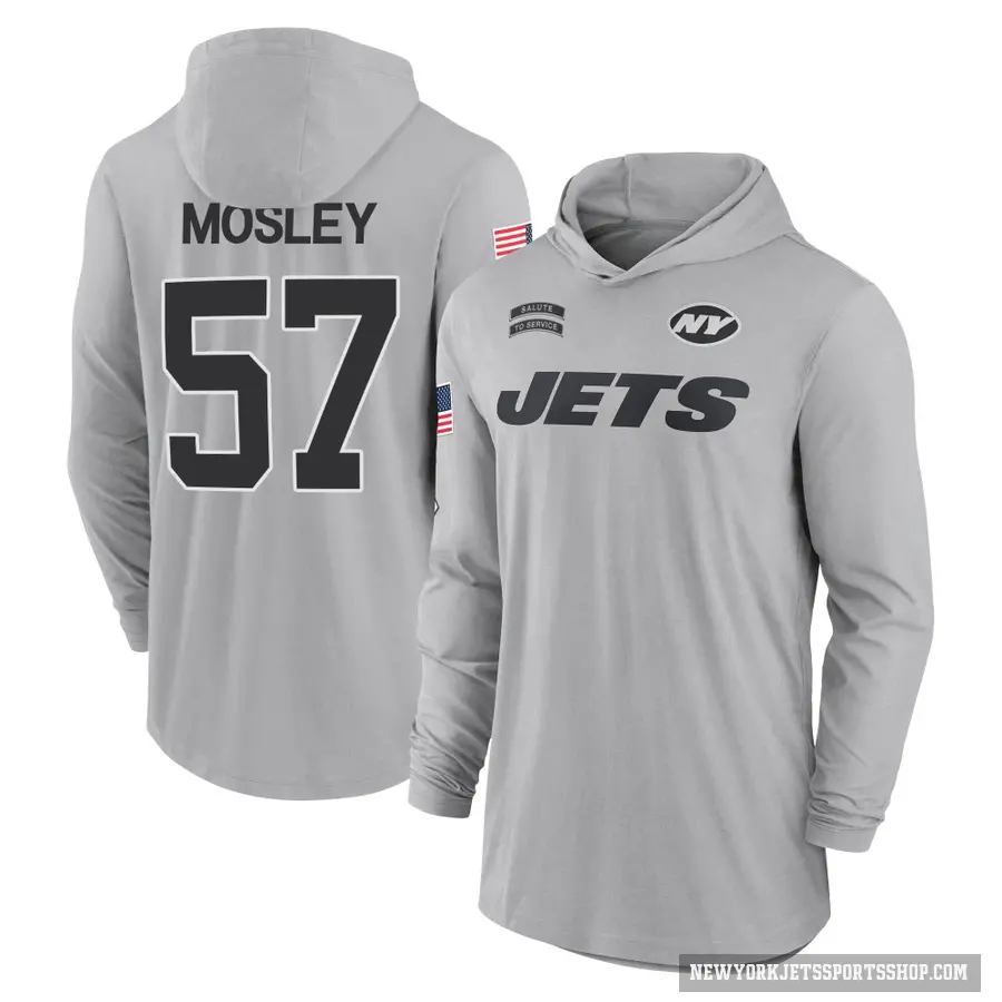 Youth ＃57 C.J. Mosley New York Jets Gray 2024 Salute to Service Lightweight Performance Long Sleeve Hooded T-Shirt