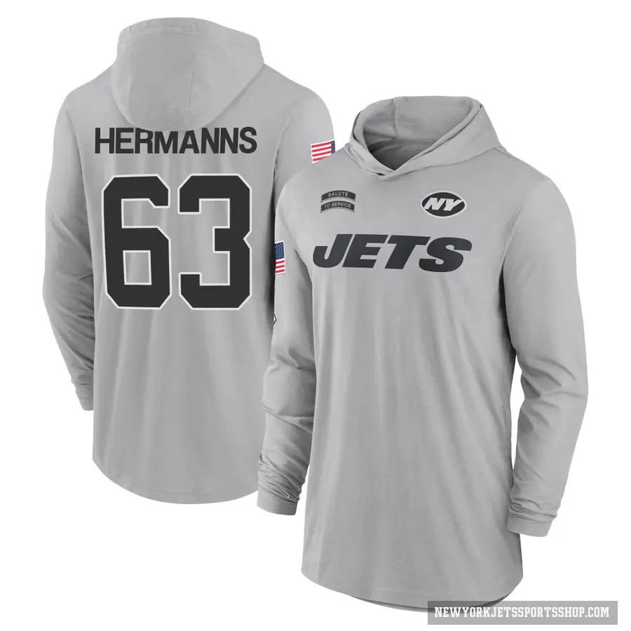 Youth ＃63 Grant Hermanns New York Jets Gray 2024 Salute to Service Lightweight Performance Long Sleeve Hooded T-Shirt