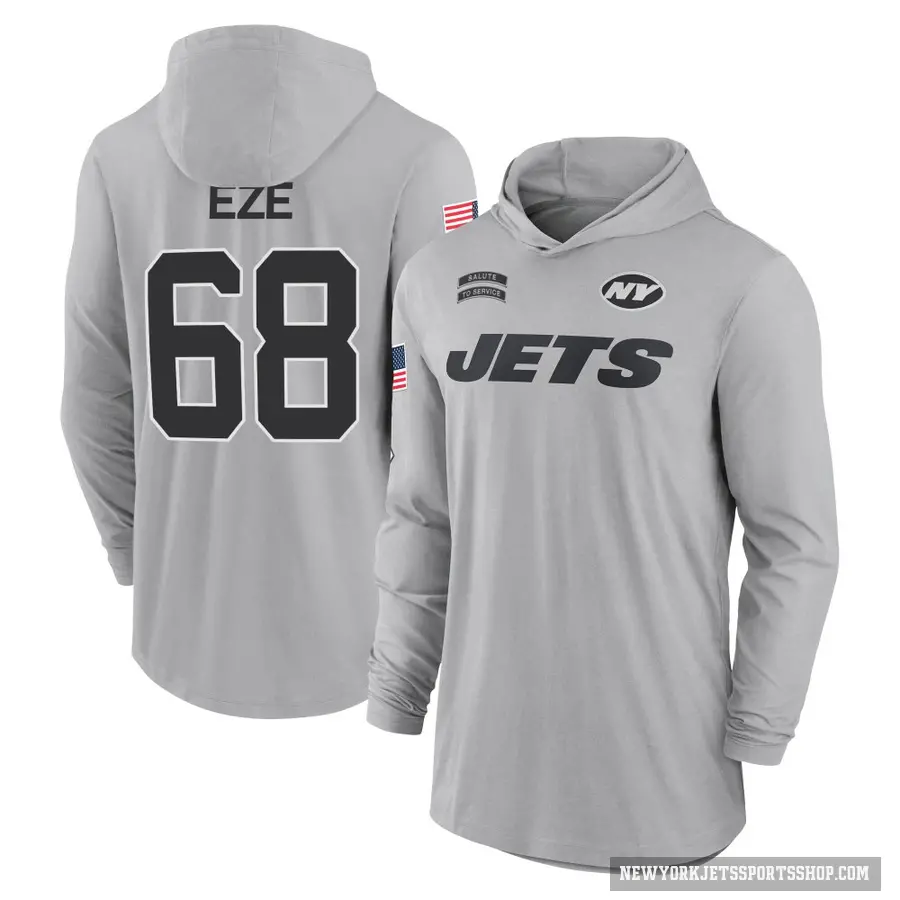 Youth ＃68 Obinna Eze New York Jets Gray 2024 Salute to Service Lightweight Performance Long Sleeve Hooded T-Shirt