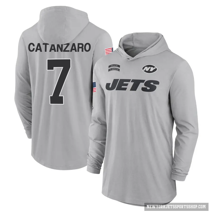 Youth ＃7 Chandler Catanzaro New York Jets Gray 2024 Salute to Service Lightweight Performance Long Sleeve Hooded T-Shirt