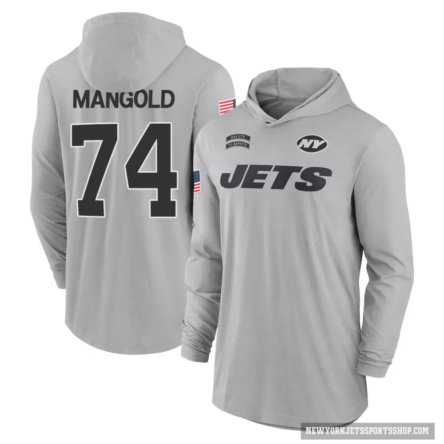 Youth ＃74 Nick Mangold New York Jets Gray 2024 Salute to Service Lightweight Performance Long Sleeve Hooded T-Shirt