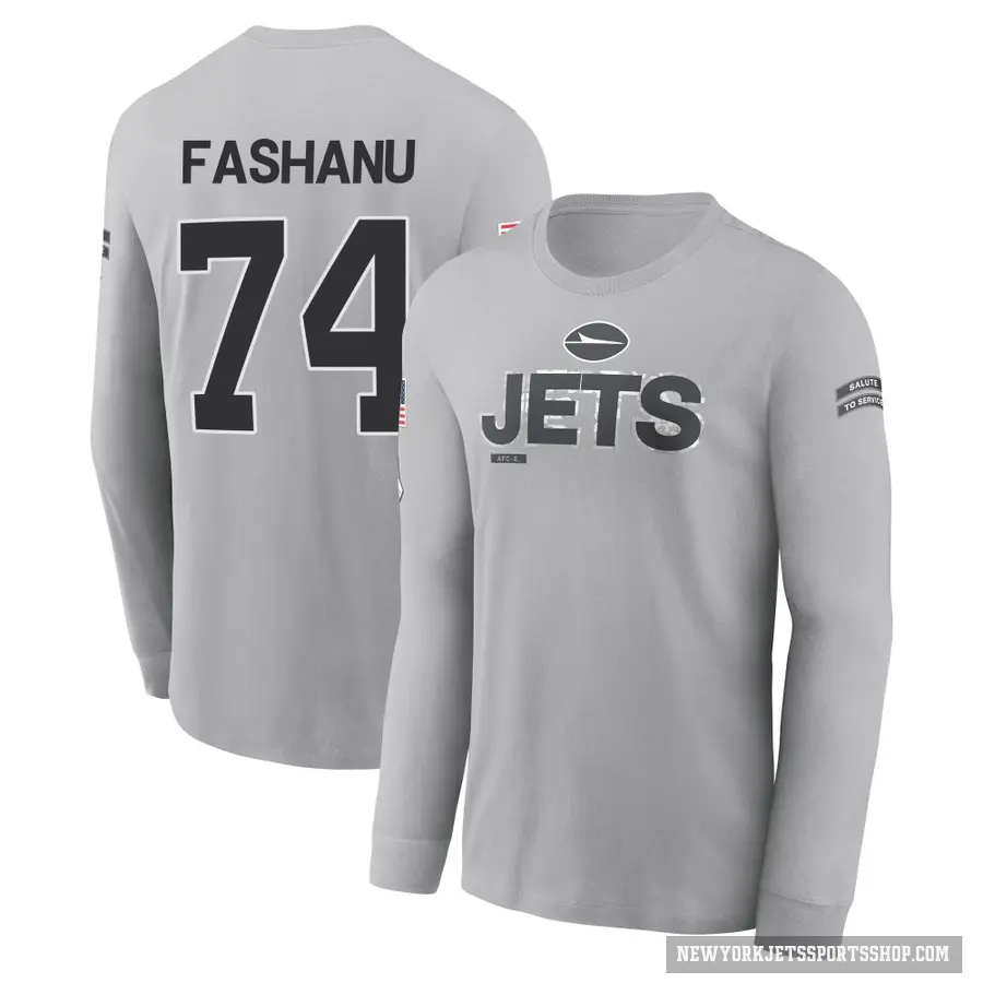 Youth ＃74 Olu Fashanu New York Jets Gray 2024 Salute to Service Long Sleeve T-Shirt
