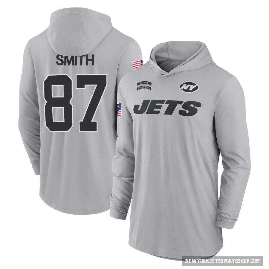 Youth ＃87 Brandon Smith New York Jets Gray 2024 Salute to Service Lightweight Performance Long Sleeve Hooded T-Shirt